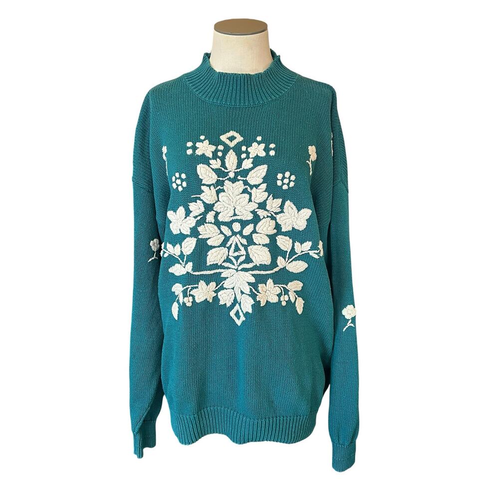 Izod Club Womens Vintage Floral Embroidered Handknit Cottage Mock Sweater Sz L